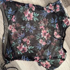 Floral Mesh Top - Black with Pink and Green Accents
